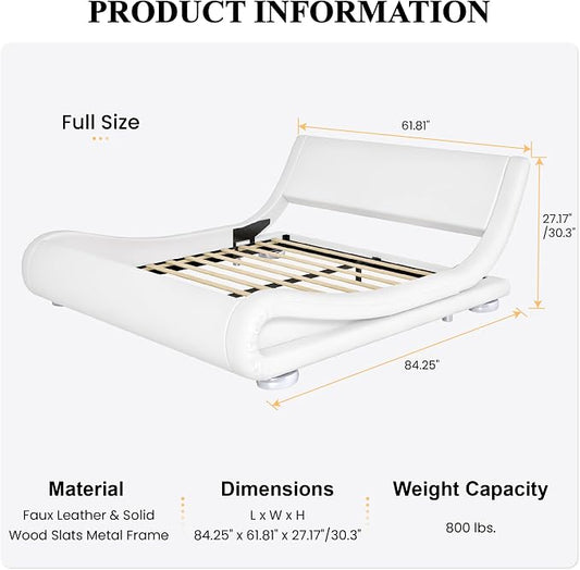 SHA CERLIN Full Size Upholstered Bed Frame, Deluxe Low Profile Sleigh Bed with Faux Leather Ergonomics Headboard, No Box Spring Needed & Easy Assembly, White