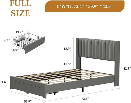 IDEALHOUSE Full Bed Frame with Wingback Headboard, Velvet Upholstered Platform Bed with 2 Storage Drawers, Vertical Tufted Headboard Design, Wooden Slats Support, No Box Spring Needed, Grey