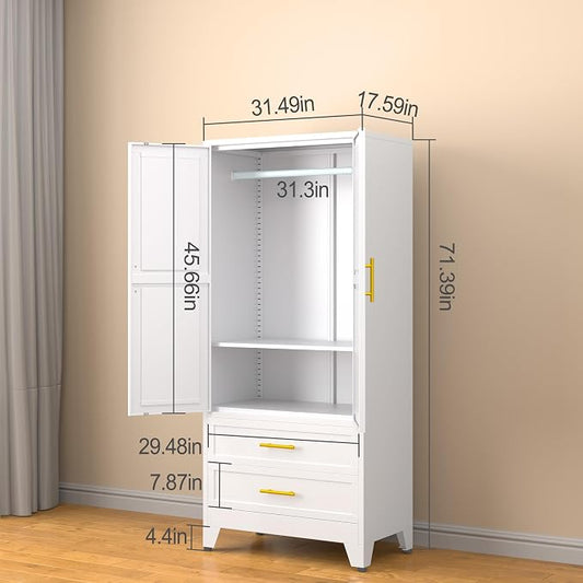 erosoei Metal Armoire Wardrobe Closet, 71 "Metal Clothing Storage Cabinet | with Adjustable Shelves and Hanging Rod, Household Steel Wardrobe Storage Cabinet with Drawers (armoire-white)