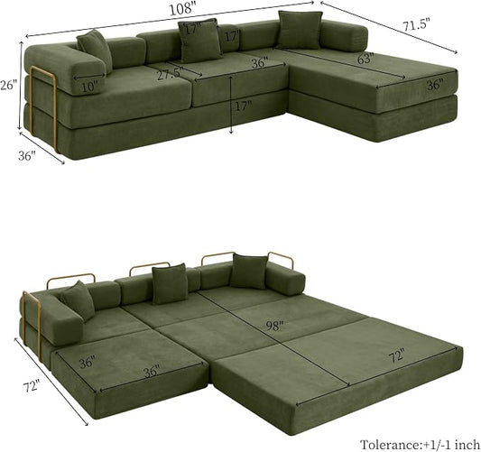 HANXIN 108" Modular Sectional Sofa, Futon Convertible Sofa Bed,Oversized Corduroy Boneless Couch for Living Room,Floor Loveseat Sleeper with Pull Out Bed,Free Combination,No Assembly Required (Green)