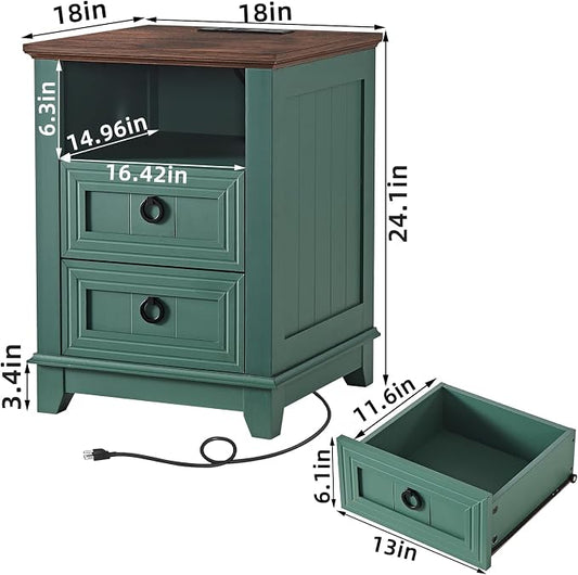 Joaxswe 18" Farmhouse Night Stands Set of 2 with Charging Station, 2 Drawers Bedside End Table, Green Wooden Nightstand, Bed Side Table Cabinet with Open Shelf for Bedroom Living Room Office