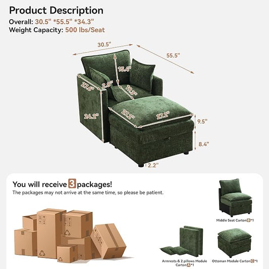 30" Cloud Modular Single Sofa Chair with Storage Ottoman, Modern Upholstered Accent Chair with Storage, Chenille Reading Lounge Armchair for Living Room, Bedroom, Small Space, Green