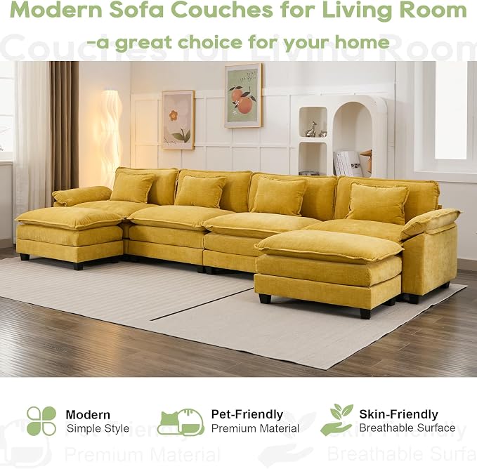 Oprisen 154" Modular Sectional Sofa, Comfy Cloud Couch Sectional Sofa with Ottoman, Chenille Sofa Sleeper Deep Seat Sofa with Throw Pillows for Living Room (Yellow, 154"- U Shape)