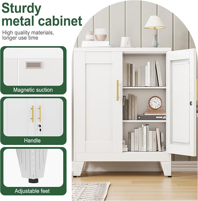 White Metal Storage Cabinet, 36" Tall Locking Storage Cabinet, 14”D | with 2 Adjustable Shelves, Steel Locker Organizer, Metal Freestanding Buffet Cupboards Sideboard for Office, Home, School,2PS