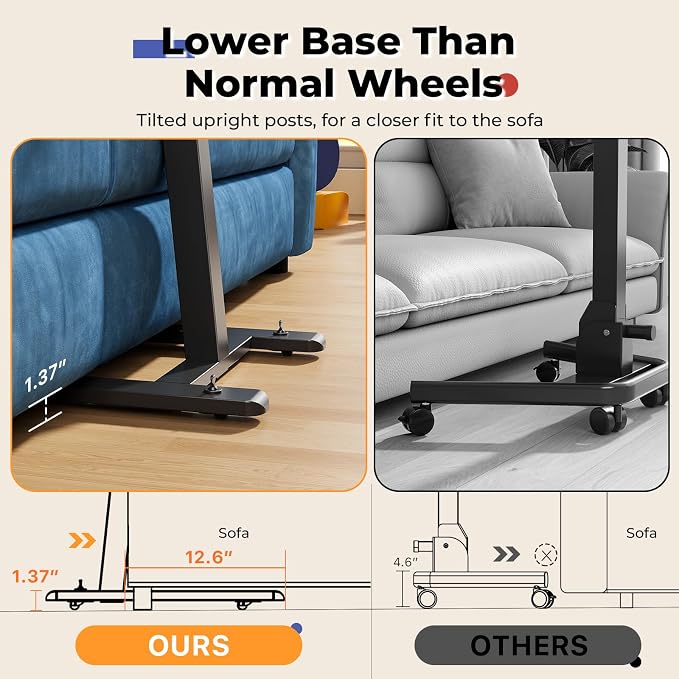 JOY worker Low Height Small Mobile Standing Desk for Couch, Height Adjustable TV Tray Table with 90° Foldable MDF Desktop, Portable Laptop Desk with Low Base & Lockable Hidden Casters, Black