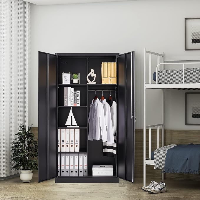 Yizosh Metal Armoire Wardrobe Closet Cabinet for Hanging Clothes with Lock Doors, -72" Steel Lockable Wardrobe Storage Locker Clothes Organizer for Bedroom, Laundry Room (Black)