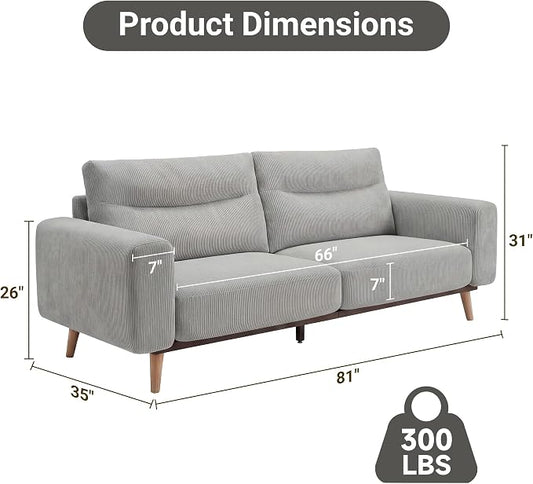 Claiks 81" Oversized Loveseat Sofa, Mid Century Modern Couch for Living Room, Bedroom & Apartment, Corduroy Upholstered 2-3 Seater Sofa with Sturdy Metal Frame, Easy Assembly, Light Grey