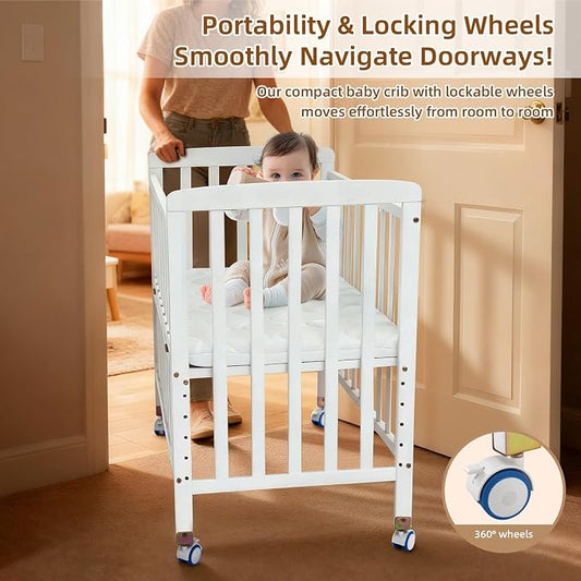 Flwrgirl Convertible Mini Baby Crib - Portable Bedside Bassinet with Mattress Included,3 Heights Baby Crib with Wheels for Small Room and Newborns 0-12 Months,White
