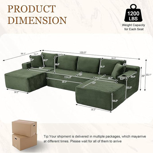 134 Inch Modular Sectional Sleeper Sofa, Boneless Cloud Couch for Living Room, U Shaped 5 Seat Sofa with 2 Storage Pockets& 2 Cup Holders, Free Combination, No Assembly Required (Green)