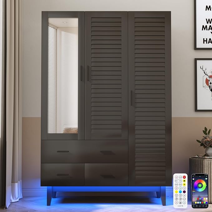Hlivelood 3 Door Armoire Wardrobe Closet Cabinet with Drawers and LED Lights, Multi-Tier Shelves, Hanging Rod & 3 Louver Doors, Large Capacity Storage Wardrobe Armoire for Bedroom, Black