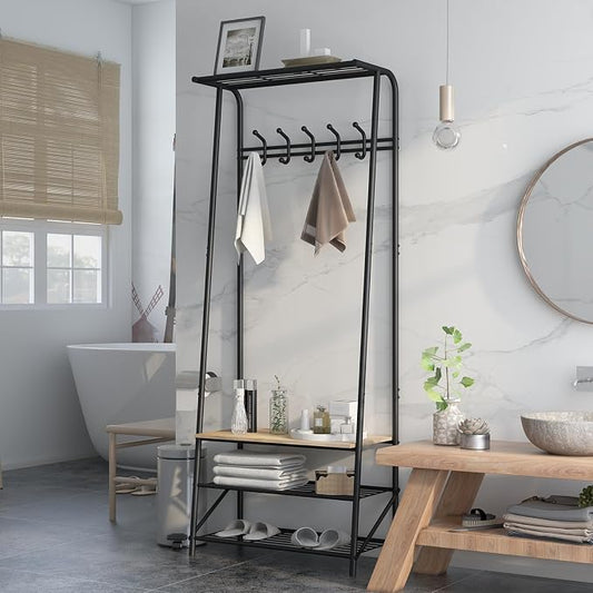 MDF Hall Tree with Bench, 4-in-1 Entryway Coat Rack with Storage Shelf & Shoe Organizer, Sturdy Freestanding Furniture for Living Room, Bedroom, Mudroom