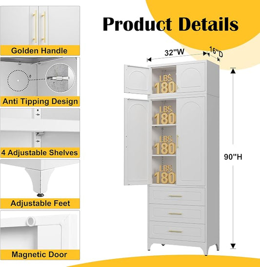 SteeLoong Kitchen Pantry Cabinet,90" Storage Cabinets with Doors and Shelves,Metal Pantry Cabinet with 3 Drawers,White Kitchen Cupboard for Livingroom,Pantry, Bathroom