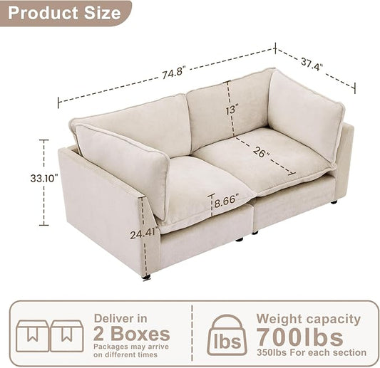 Iroomy Modular Sectional Sofa, Oversized Chenille Cloud Couch, Deep Comfy Seat, 2-Seater Sofas Couches for Living Room, Beige