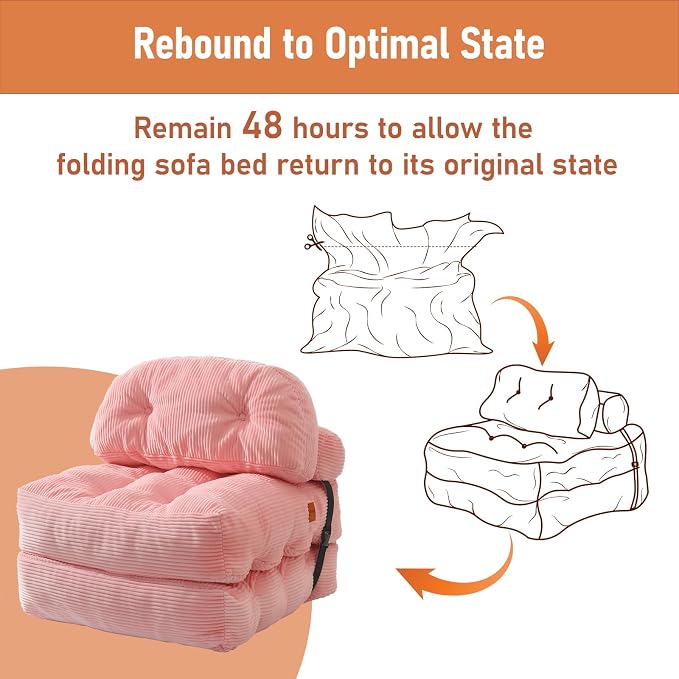 Folding Sofa Bed, Convertible Sleeper Chair with Back Support and Pillow Futon,Boneless Foldable Couch for Living Room/Guest Use/Home Office, Foldable Chair Bed for Adults, Pink