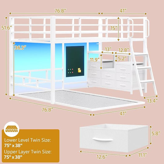 busyaeh Bunk Bed Twin Over Twin,Low Bunk Bed with 8 Drawers & 4 Shelves & 15" H Safety Guardrail,Metal L-Shaped Twin Bunk Bed with LED Lights and Charging Station,Floor Bunk Beds with Ladder,White