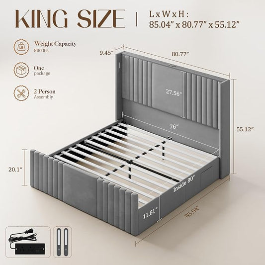King Size Bed Frame with 55.1" Tall Headboard, Velvet Upholstered Platform Bed with Channel Tufted Wingback, 2 Reading Lights/Storage Shelf/Charging Station/Easy Assembly/Noise-Free, Grey