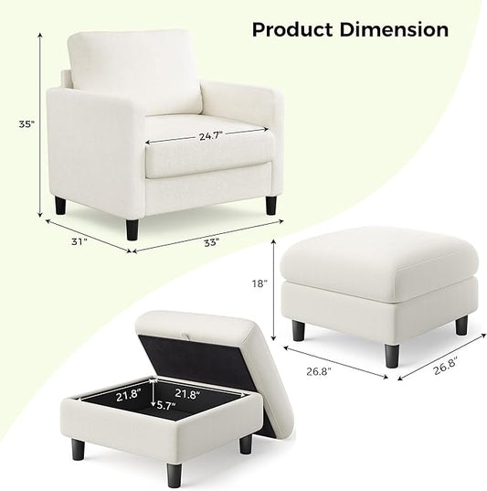 Welzona Sofa Accent Chair with Ottoman, 33" Reading Chair and Ottoman Set for Bedroom, Tool-Free Setup Living Room Accent Chairs, Comfy Arm Chairs Living Room, All-Wood Reading Nook, Beige
