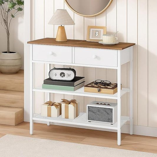 HOOBRO 29.5" Narrow Console Table with 2 Fabric Drawers, Sofa Table, Small Entryway Table with 3-Tier Storage Shelves, Behind Couch Table, for Living Room, Hallway, Walnut and White WH72XG01