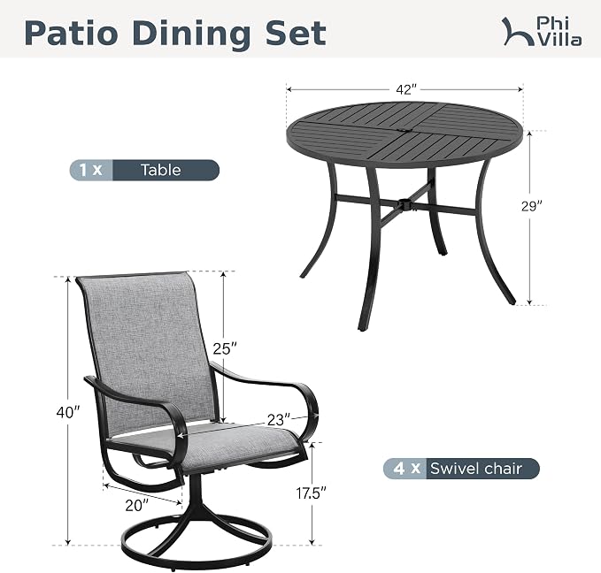 PHI VILLA Patio Dining Set for 4, Round Table & Swivel Mesh Chairs, Grey | 42'' Metal slat table with umbrella hole, E-coating metal frame & Textilene chairs, All-weather design for outdoor, deck