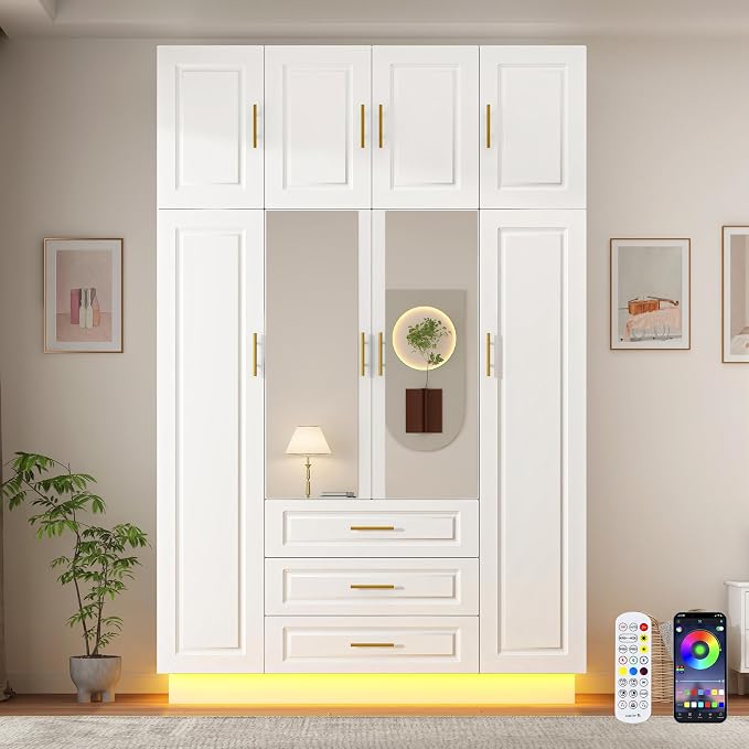 Hlivelood Large Armoire Wardrobe Closet Cabinet with Drawers and LED Lights, Multi-Tier Shelves, Hanging Rod, Large Capacity Storage 4 Door Wardrobe Armoire with Top Cabinet for Bedroom, White