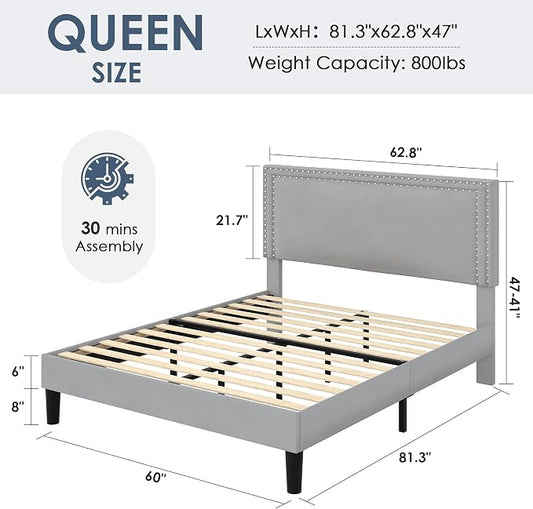 VECELO Queen Size Platform Bed Frame with Height Adjustable Upholstered Headboard, Modern Mattress Foundation,Strong Wood Slat Support, No Box Spring Needed, Easy Assembly,Light Grey