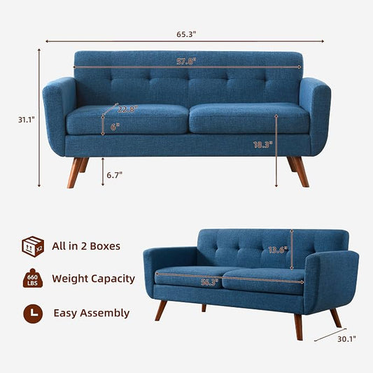 Tbfit 65" W Loveseat Sofa with Ottoman Coffee Table, Mid Century Modern Love Seat Couches for Living Room, Button Tufted Upholstered Small Couch for Bedroom,Easy to Install Love Seats Furniture, Blue | linen fabric