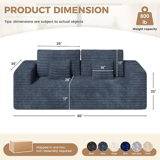 Luxanimarion 80'' Modern Cloud Loveseat Sofa, No Assembly Required Deep Seat Comfy Small Couches Includes 2 pcs Pillows for Living Room, Bedroom, Apartment(Grey)