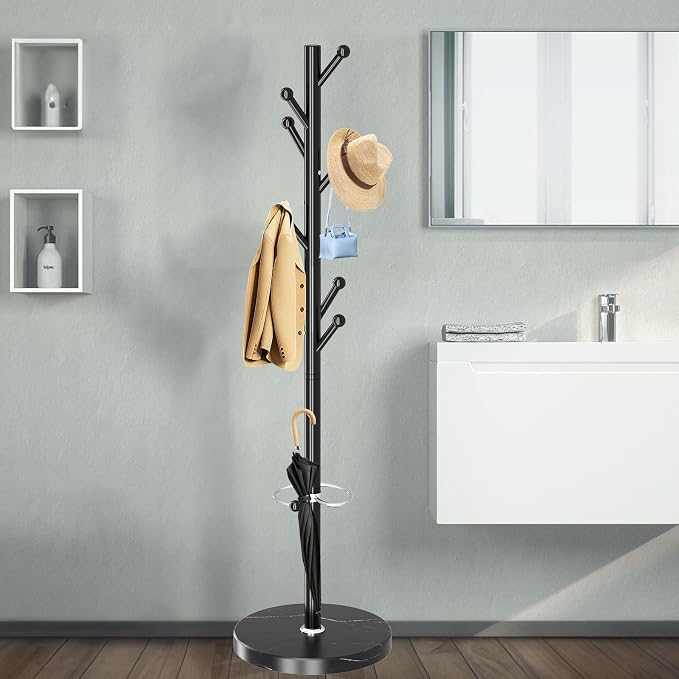 OIRUMIE Coat Rack with Natural Marble Base, Metal Coat Racks Freestanding, Modern Coat Rack Stand with 8 Hooks& Umbrella Holder, Black Coat Clothes Tree Hats Hanger Stand for Entryway, Hallway