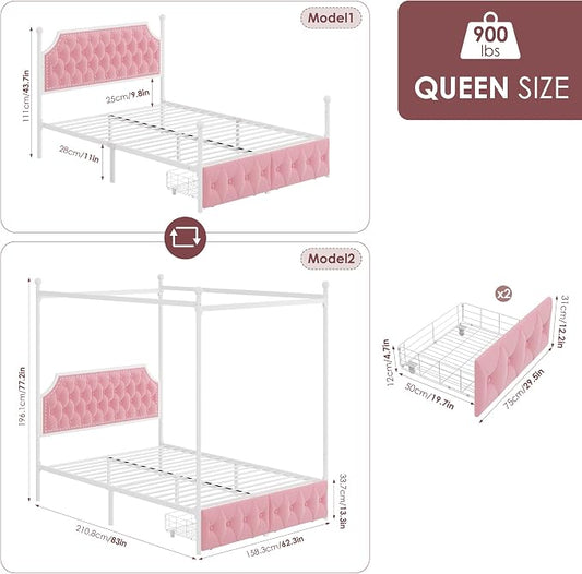 Keyluv Queen Upholstered Canopy Bed Frame with 2 Storage Drawers & Button Tufted Headboard, Metal Platform Bed with 4 Removable Posts, Two-Purpose Velvet Bed, Pink/Curtain Not Included
