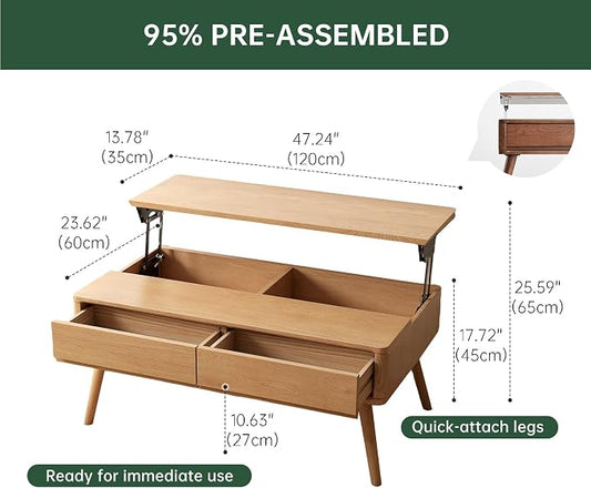 100% Solid Wood Lift Top Coffee Table for Living Room, Mid Century Modern Tables with Drawers and Large Storage, Oak Coffee Tables for Small Spaces (Oak Wood Log, 47.24" W x 23.62" D x 25.59" H)