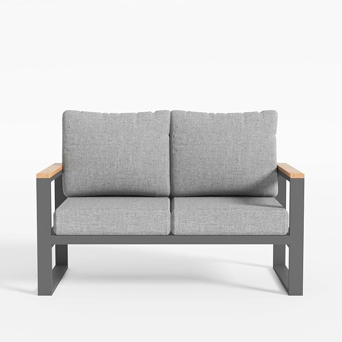 Sundale Outdoor Aluminum Patio Loveseat, All-Weather Outdoor Furniture with 6" Olefin Cushion & Wide Armrest, Outdoor Couch for Garden Deck Porch(Grey) | Heavy Duty