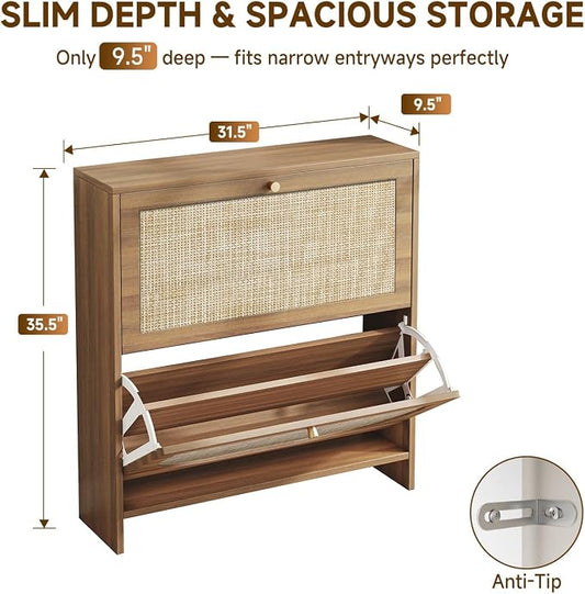 Nicetree Shoe Storage Cabinet for Entryway, Slim Shoe Rack with 2 Flip Drawers, Modern Boho Square Cane Engineered Wood Storage Cabinets, Narrow Shoe Organizer, Caramel