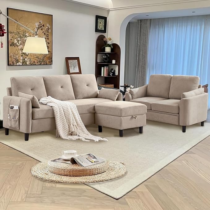 Convertible Sectional Couch Set, 77" L Shaped Sofa with Ottoman and 57" Loveseat, Modern Couches for Living Room, Apartment and Office, Beige