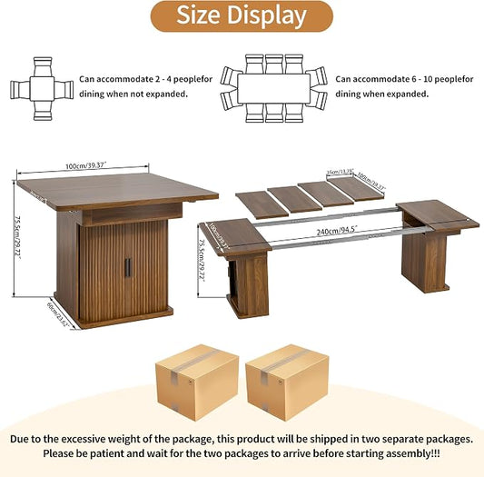 39-94 inch Extendable Dining Room Table for 4-10, Rectangle Expandable Long Kitchen Table with Double Tier Storage, Fluted Sliding Doors, Modern Square Dinner Table, Living Room, Farmhouse, Walnut