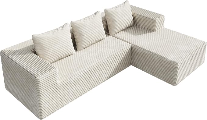 WLIVE 104'' Cloud Sectional Couches for Living Room, Modular Boneless Couch with Left Facing Chaise, L Shape Memory Foam Corduroy, with Cushion, Beige