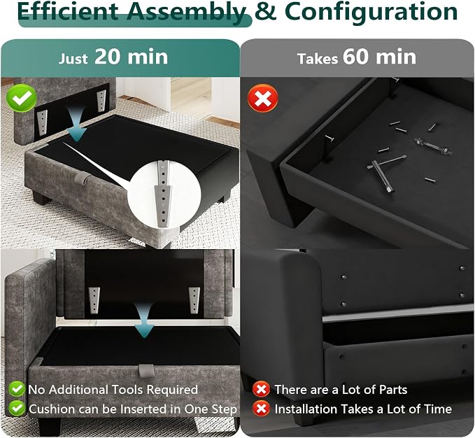 Modular Sectional V Shaped Sofa Couches for Living Room, Cloud Couch with Storage Ottoman, Comfy Chenille Sofa with Pillow, Black