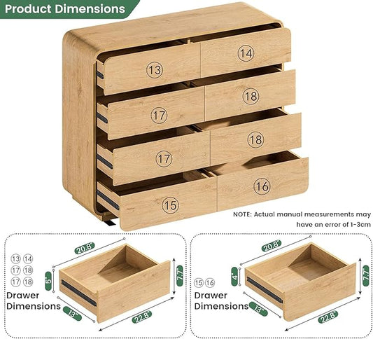 Standifurno Natural Dresser with 8 Drawers, FarmhouseDresser for Bedroom, Rustic Wood Chest of Drawers,Storage Closet, Chest of Drawers Handleless Design,Living Room, Curved Dresser Design 47" Wide