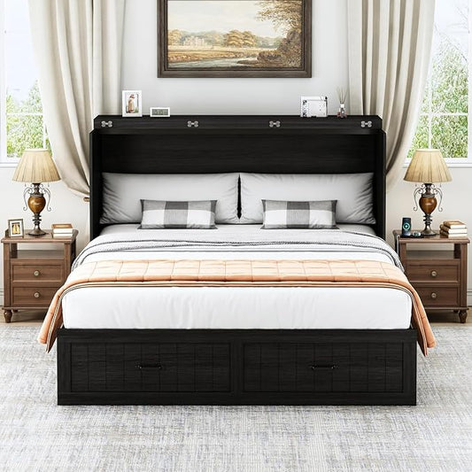 Full Murphy Bed with Storage & Charging Station, Farmhouse Murphy Cabinet Bed with Large Drawer, Hideaway Foldable Platform Bed for for Guest Room, Bedroom, Home Office, Black