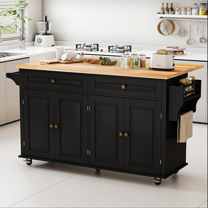 67 Kitchen Island Cart with Drop Leaf Breakfast Bar, Rolling Mobile Kitchen Island Table on Wheels with Storage Cabinet, Drawer, Spice/Towel Rack, Black