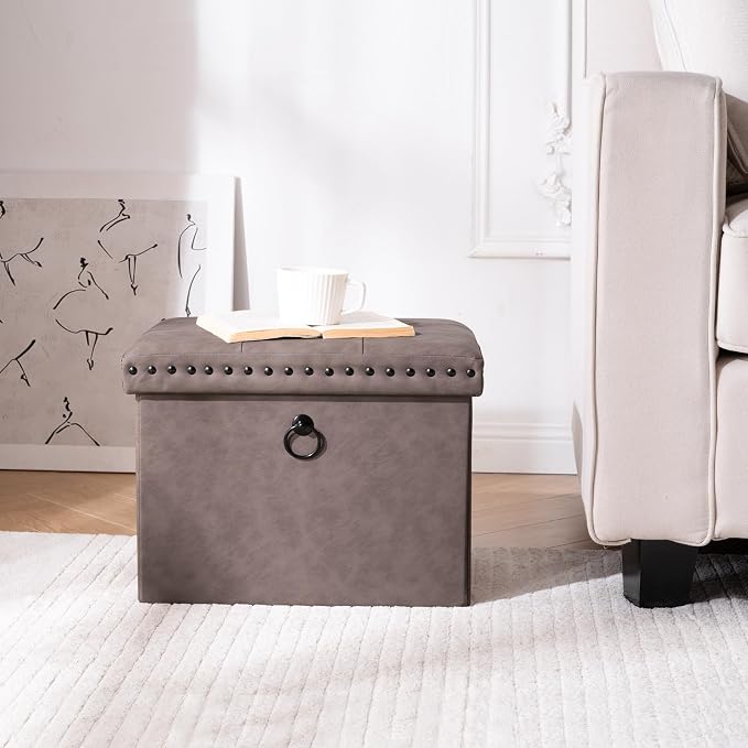 oakvivo 16x12x12 Inches Folding Cube Storage Ottoman, Small Leather Foot Rest Stool with Button Tufted Rivet Design, Footstool Bench, Ottoman with Storage for Living Room, Coffee Table, Oak Brown