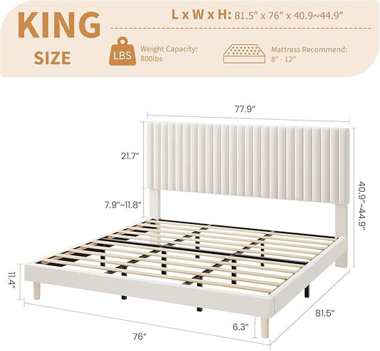 IDEALHOUSE King Bed Frame with Adjustable Headboard, Velvet Upholstered Platform King Size Bed Frame, Vertical Channel Tufted, Strong Wooden Slats, No Box Spring Needed, Easy Assembly, Beige