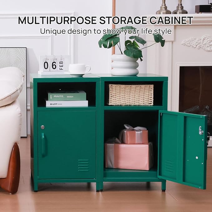 ALBAD Compact Metal Nightstand with Lockable Cabinet and Open Shelf, Modern Bedside Table, Versatile Side Table for Bedroom, Living Room, or Office (Green, 26" H-Lockable Door)
