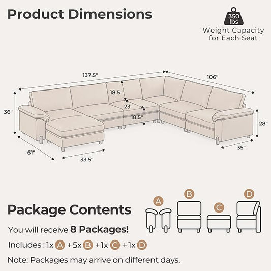 SITJOY Large Cloud Couch, 138" Wide 6 Seater U Shape, Faux Leather in Brown | Pet-Friendly Scratch-Resistant Leather Sectional Sofas for Living Room, Deep Seat Wide Couch with Chaise, Storage Ottoman