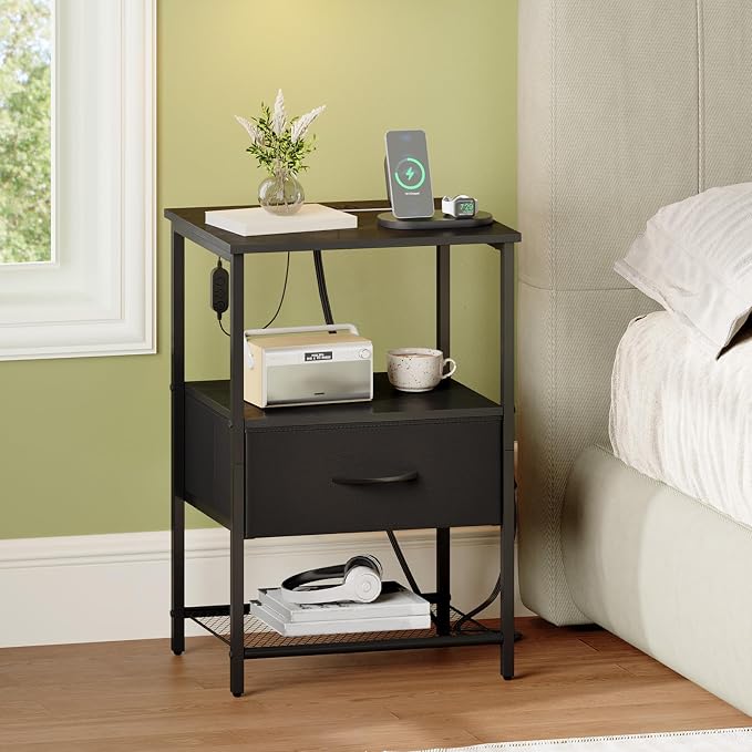 Somdot Black Nightstand Set of 2 with Charging Station and LED Light for Bedroom, Bedside Table End Table for Dorm Guest Room Bedside Kids Laundry Closet Entryway Hallway, Black