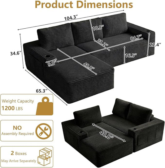 104" Cloud Sectional Couch L-Shaped with Side Pockets Cup Holders, Corduroy Boneless Couch for Living Room,Upholstered Deep-Seat Modular Sectional Sofa, No Assembly Required (Black,Left Facing Chaise)