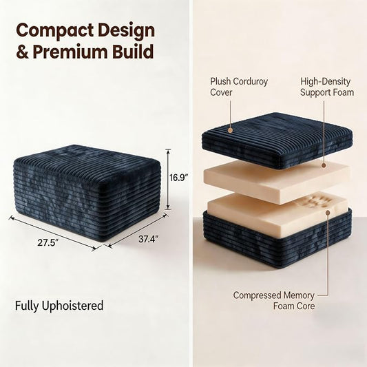 JINGLING 37.4" Rectangle Ottoman Foot Rest for Couch - Corduroy Upholstered Compressed Memory Foam, Cloud Ottoman for Modular Sectional, No Assembly Required, DIY Combination, Blue