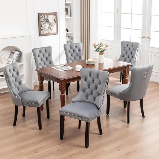 Hixkol Velvet Dining Chairs Set of 6,Upholstered Dining Chairs with Ring Pull Trim and Button Back,Modern Seating for Kitchen, Bedroom & Living Room(Grey)