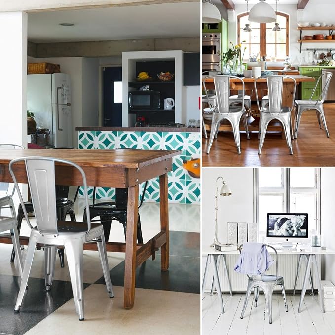 Devoko Metal Indoor-Outdoor Chairs Distressed Style Kitchen Dining Chairs Stackable Side Chair with Back Set of 4 (Silver)