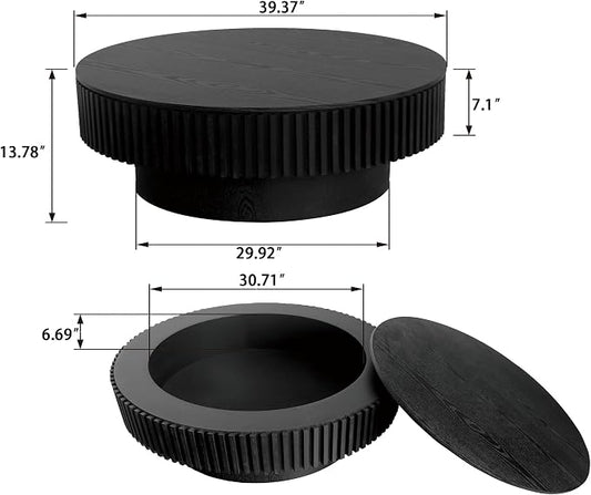 39'' Round Coffee Table with Storage, Modern Wooden Coffee Table with Solid Wood Veneered, Circle Center Table Accent Tea Table for Living Room Apartment Black