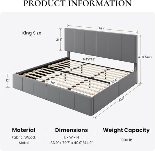 SHA CERLIN King Size Bed Frame, Velvet Upholstered Platform Bed, Vertical Channel Tufted Adjustable Headboard, Low Profile Bed Frame, No Box Spring Needed, Easy Assembly, Grey